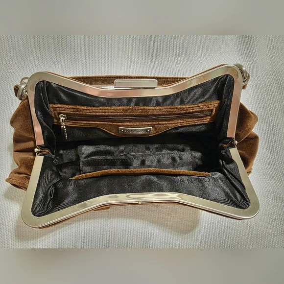 Antonio Melani Brown Velvet Pleated Frame Shoulder Bag - Picture 8 of 12